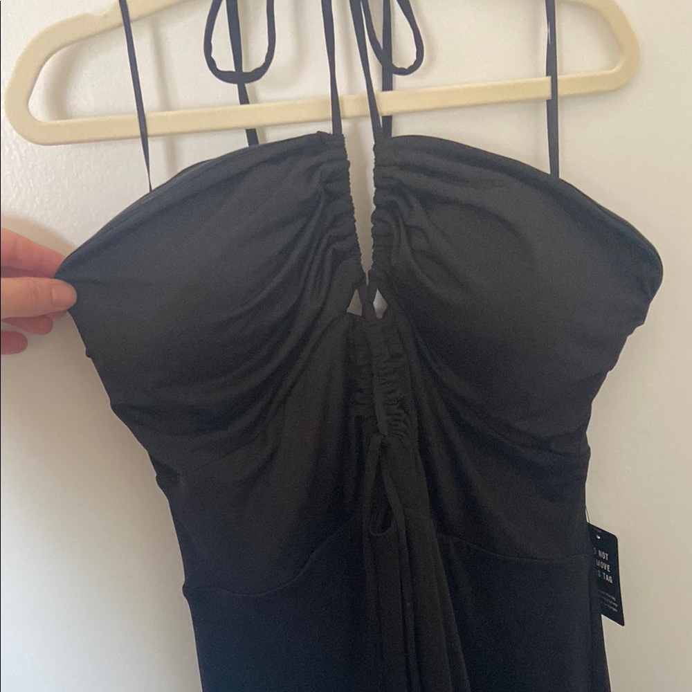 Elegant Black Ruched Halter Dress